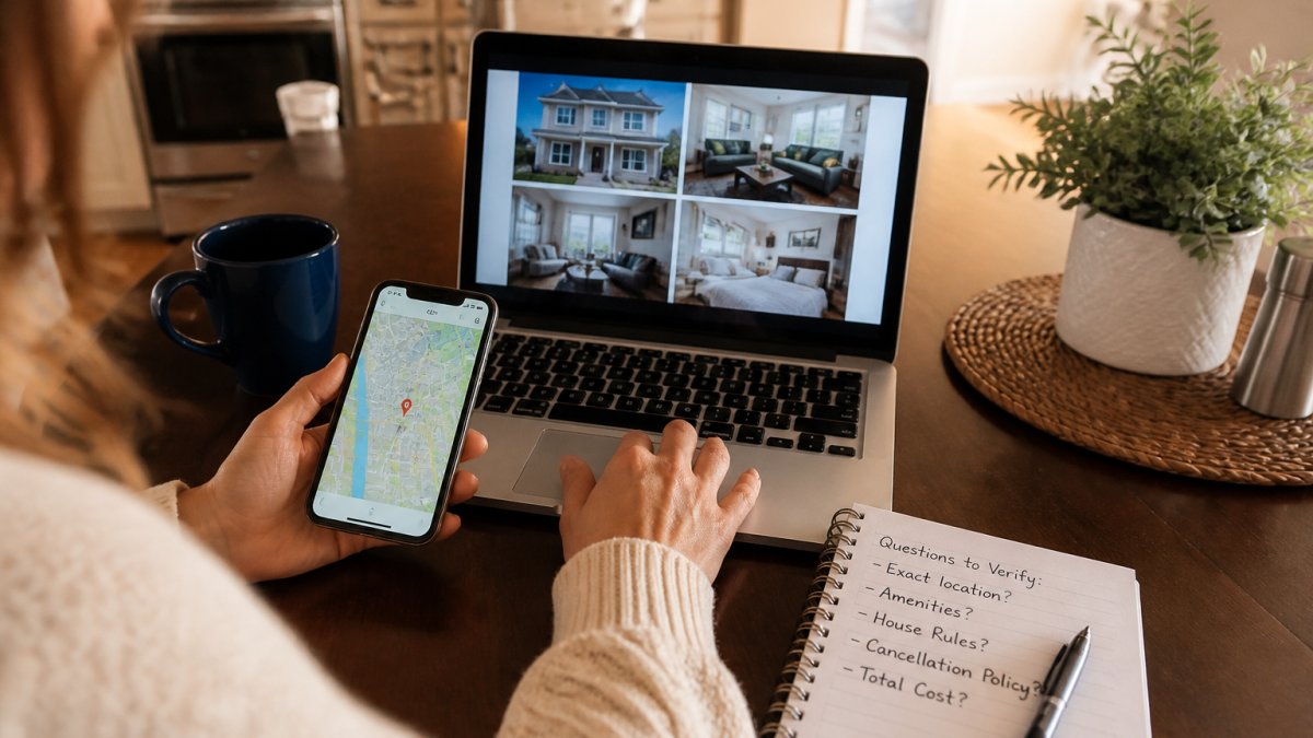 A person at a kitchen table with a laptop open to a vacation rental listing, a smartphone showing a map, and a notepad with handwritten questions nearby