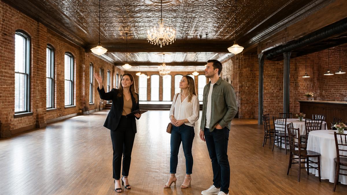 A couple tours historic wedding venues with exposed brick and tin ceilings to inspect the event space.