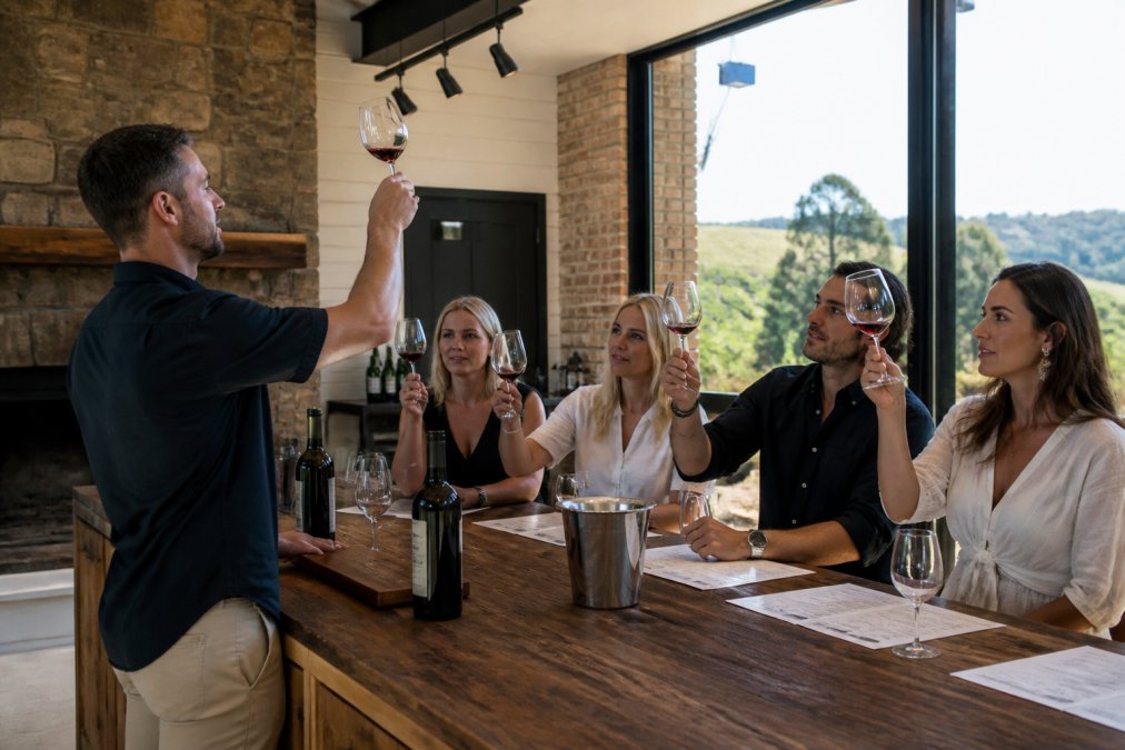 Group of people learning what to look for in wine by inspecting glasses at a cellar door counter