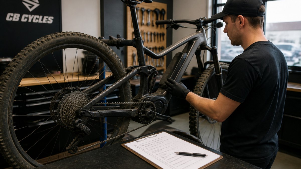 Rider performing a mechanical inspection on an electric mountain bike in a workshop with a printed checklist.