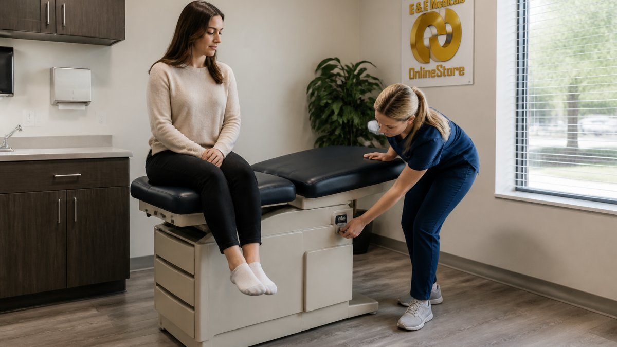 Healthcare provider adjusting examination table height while patient sits comfortably, modern clinical room with soft overhead lighting
