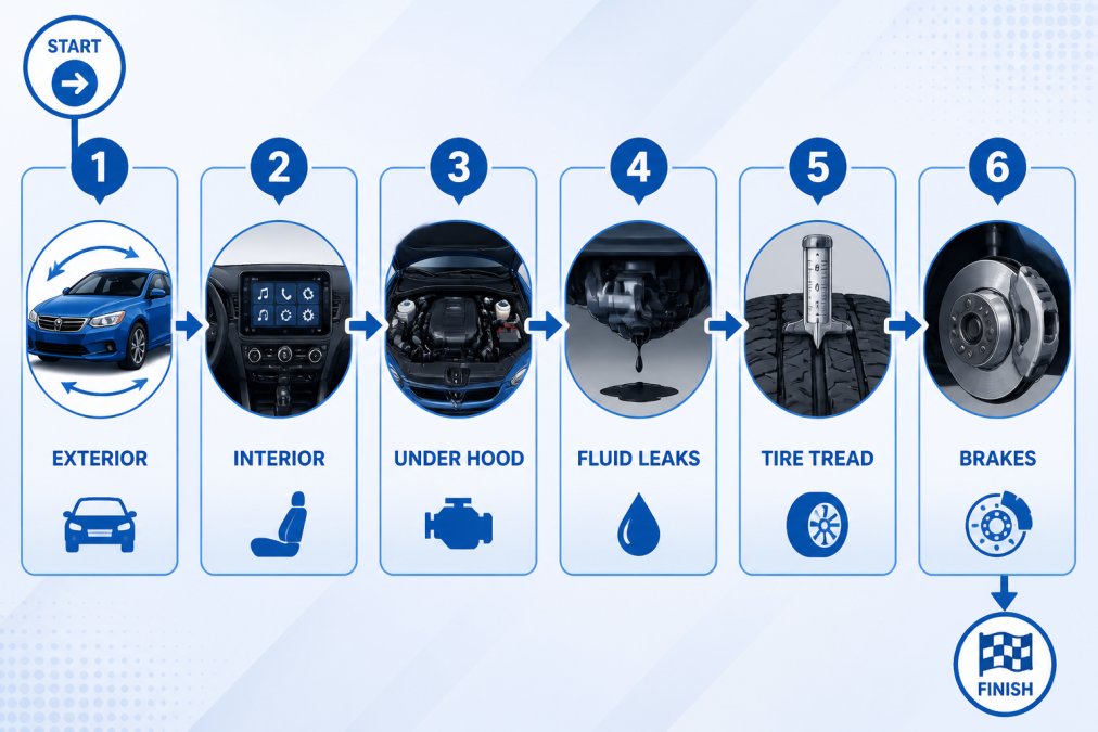 Flowchart showing the pre-purchase inspection process: exterior walk-around, interior electronics check, under-hood mechanical inspection, fluid leaks, tire tread depth measurement, brake performance test