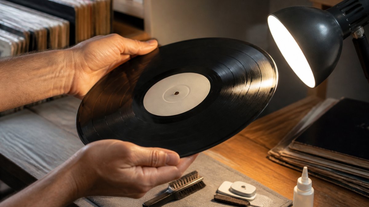 Hands holding a vinyl record under bright light to check for scratches when buying used vinyl