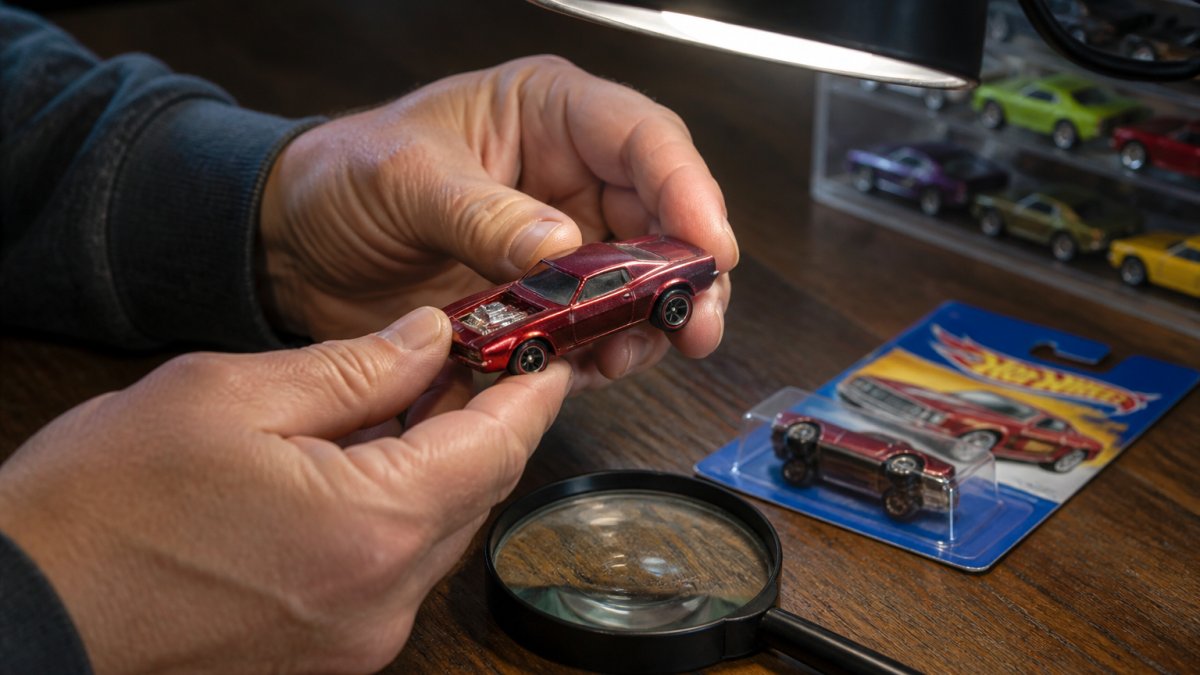 Step-by-step guide showing how to inspect and grade the condition of collectible toy cars using a magnifying glass.