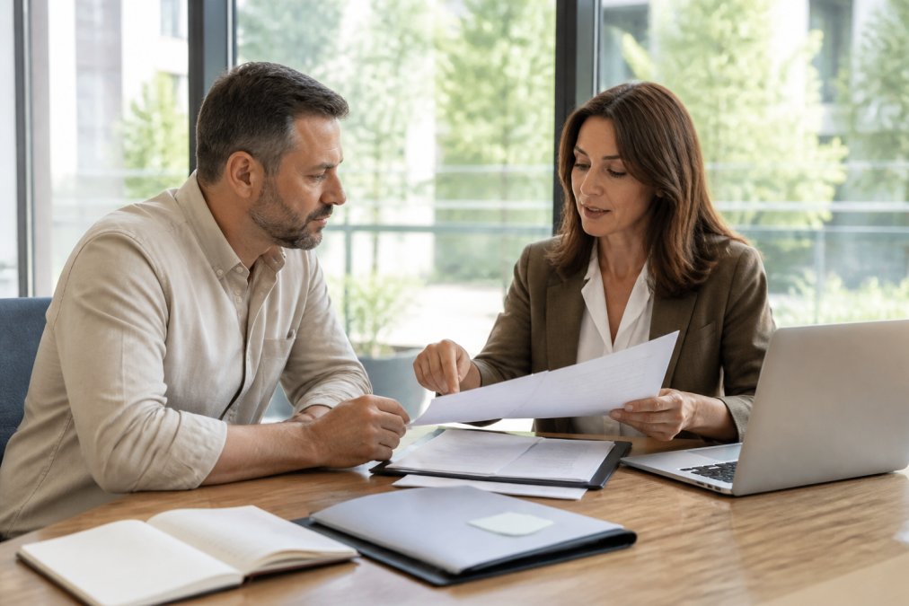 Small business owner reviewing loan documents with an advisor while choosing a business lender in a bright office