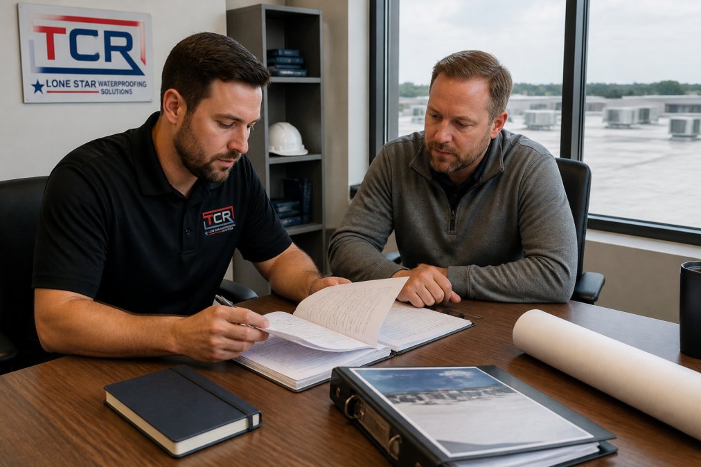 Commercial roof consultant and manager reviewing credentials flowchart