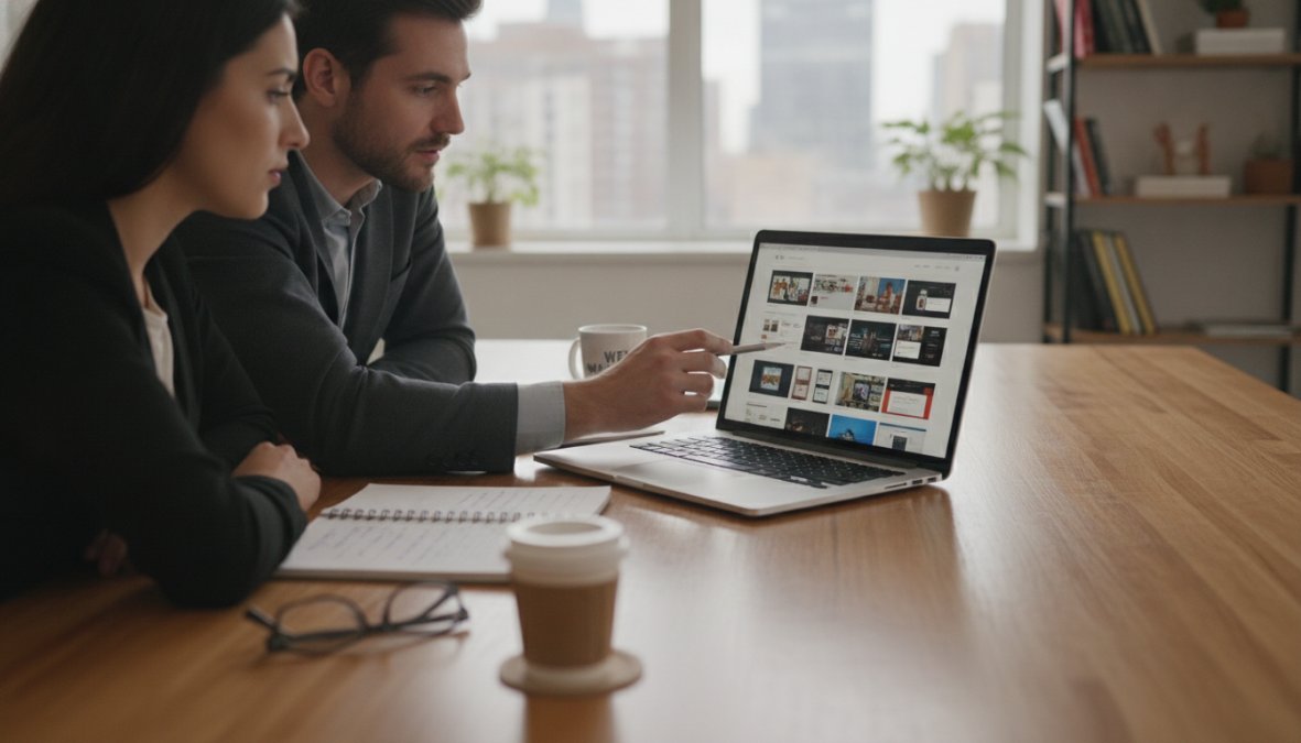 Business owner reviewing website portfolio designs on laptop screen, pointing to specific design elements with notepad nearby for notes, natural office lighting