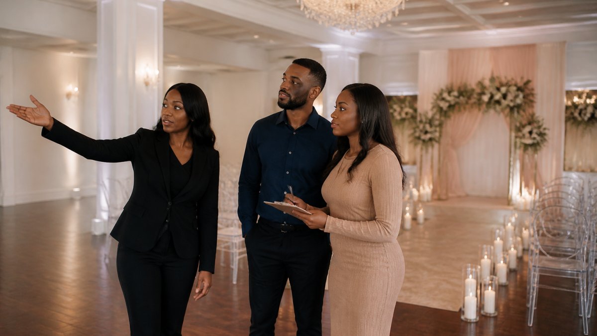 Engaged couple touring an elegant event space, examining the ceremony area and taking notes on a clipboard while venue coordinator points out key features and layout details