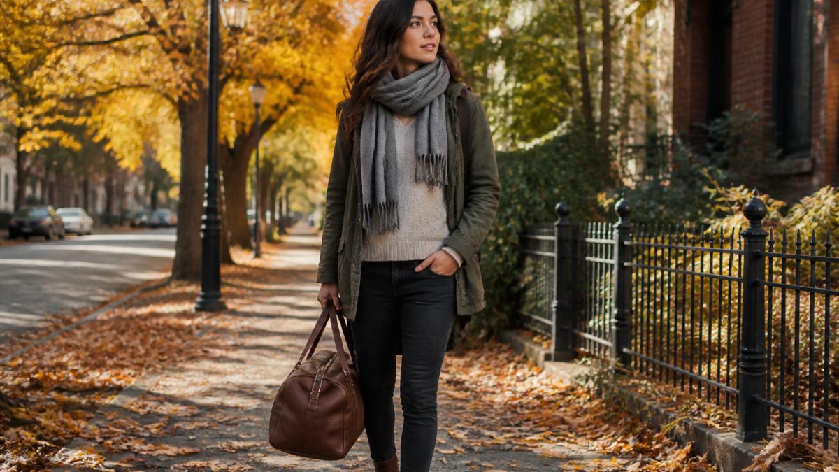 Traveler in a cozy sweater and scarf on a tree-lined street, perfect for a stylish fall weekend trip.