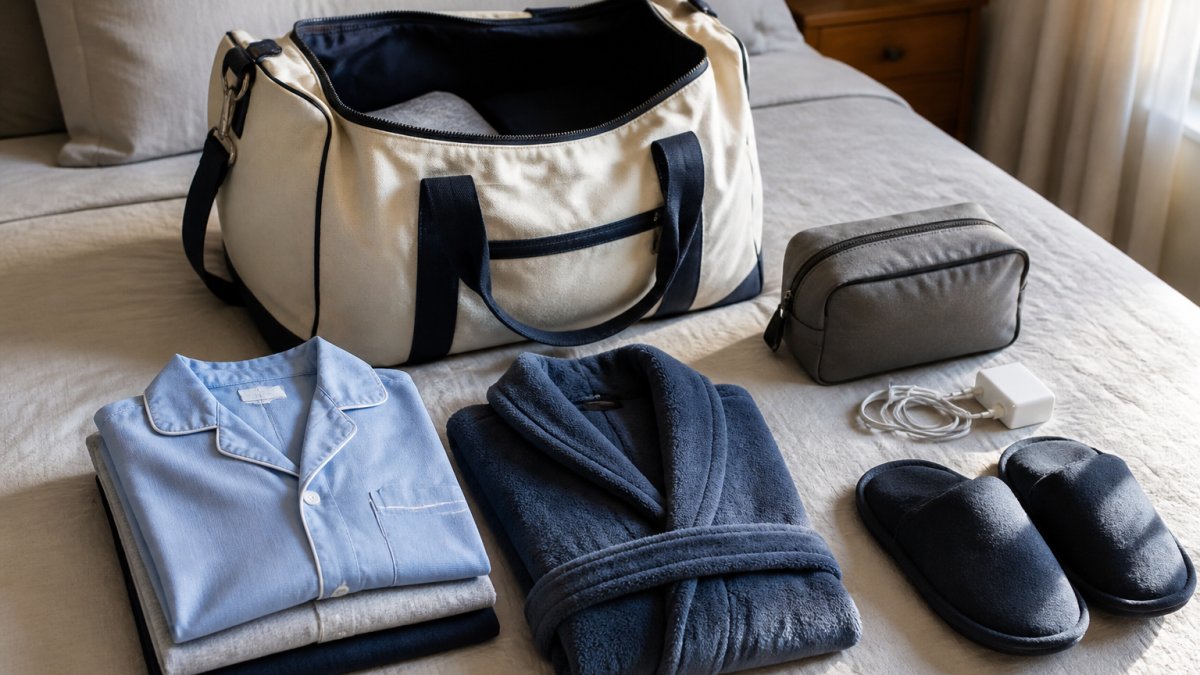 A neatly packed canvas duffel bag open on a made bed, with folded loose button-front shirts, a soft robe, nonslip slippers, a small zippered toiletry bag, and a coiled phone charger arranged beside it in soft morning light