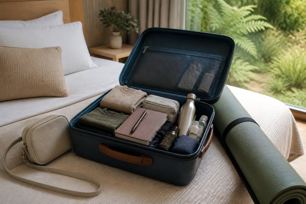 An open suitcase on a bed in a serene, sunlit room, containing neatly folded athleisure clothing, a reusable water bottle, travel-sized toiletries, a journal, and a crossbody bag, with a yoga mat leaning nearby