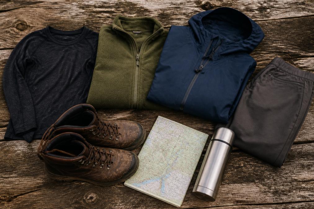 Flat-lay arrangement of layered outdoor clothing on weathered wooden surface, charcoal merino base layer, olive fleece mid-layer, folded navy waterproof jacket, walking trousers and scuffed leather boots, with a folded Ordnance Survey map and steel thermos beside them