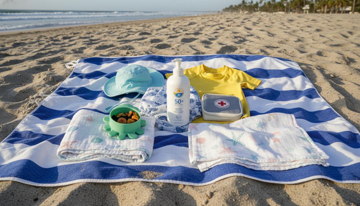 A neatly arranged flat lay of baby beach essentials on a bright striped towel: sunscreen bottle, wide-brim sun hat, swim diaper, rash guard, small first aid kit, snack container, and a folded baby blanket in soft natural light