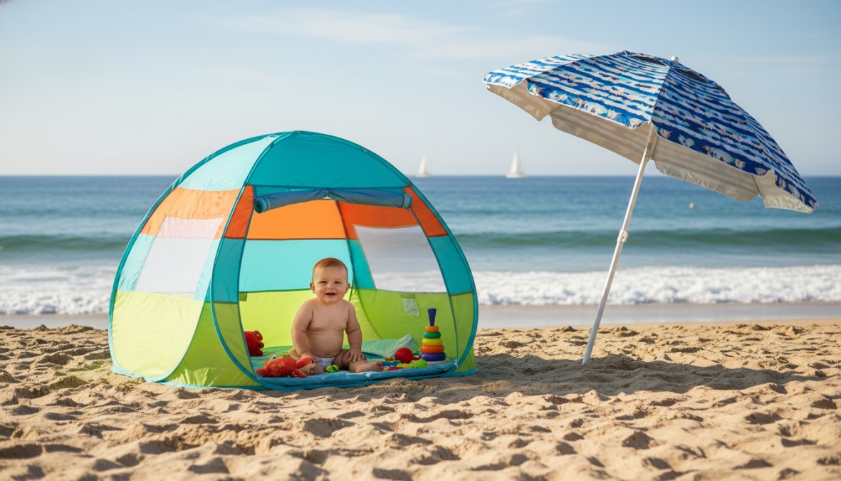 A smiling baby sitting inside a bright orange pop-up beach tent on white sand, with a striped beach umbrella visible nearby and gentle ocean waves in the background under clear blue sky