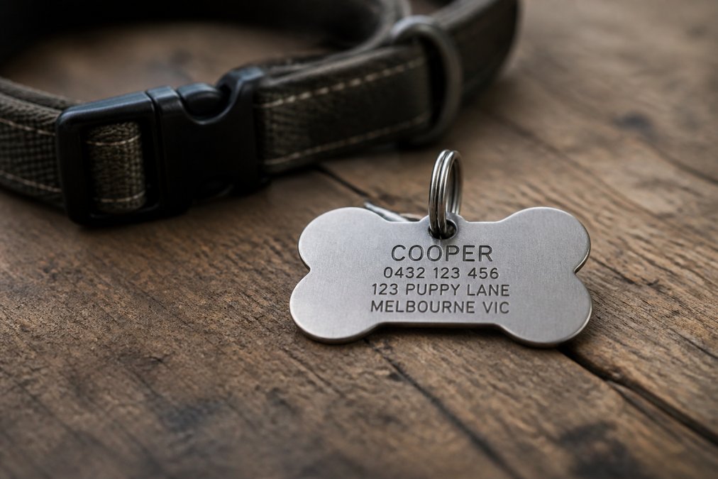 Infographic guide showing essential contact details for a stainless steel bone-shaped dog tag engraving