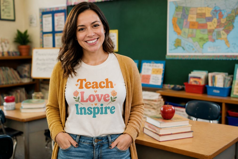 A teacher wearing a colorful "Teach Love Inspire" graphic tee standing in a bright classroom, smiling, with stacked books and a red apple visible on the desk behind her