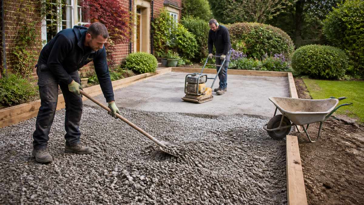 Landscapers compacting MOT Type 1 stone to create a solid base under paving slabs in a garden patio area.