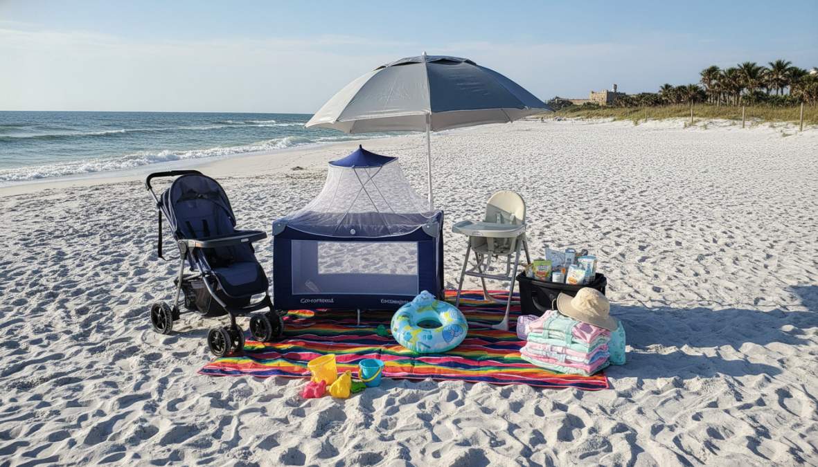 A neatly arranged collection of clean baby gear including a pack-n-play, stroller, beach wagon, and high chair staged inside a bright, sunlit vacation rental living room with white walls and coastal decor near the Florida coast