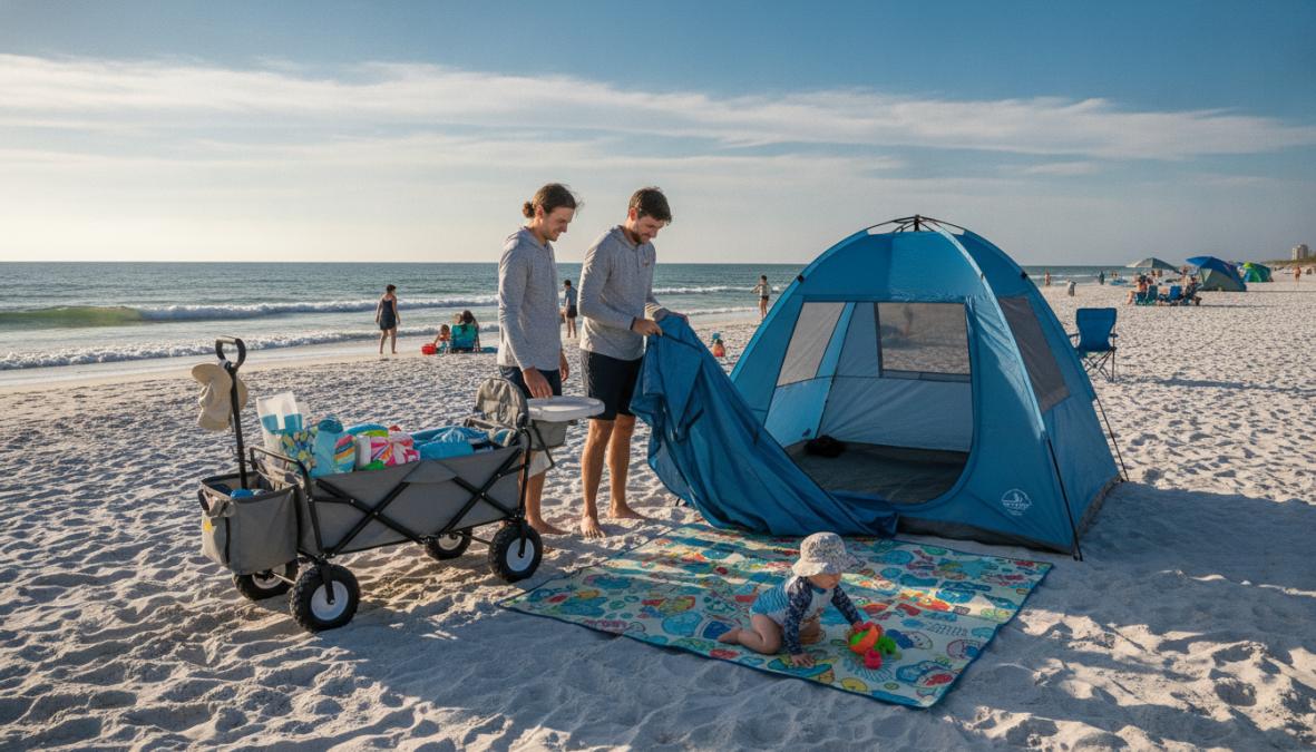 A young family with a smiling baby seated in a colorful beach wagon, a large beach umbrella planted in the sand nearby, parents in casual summer clothing on a wide calm Florida beach on a sunny morning with soft light