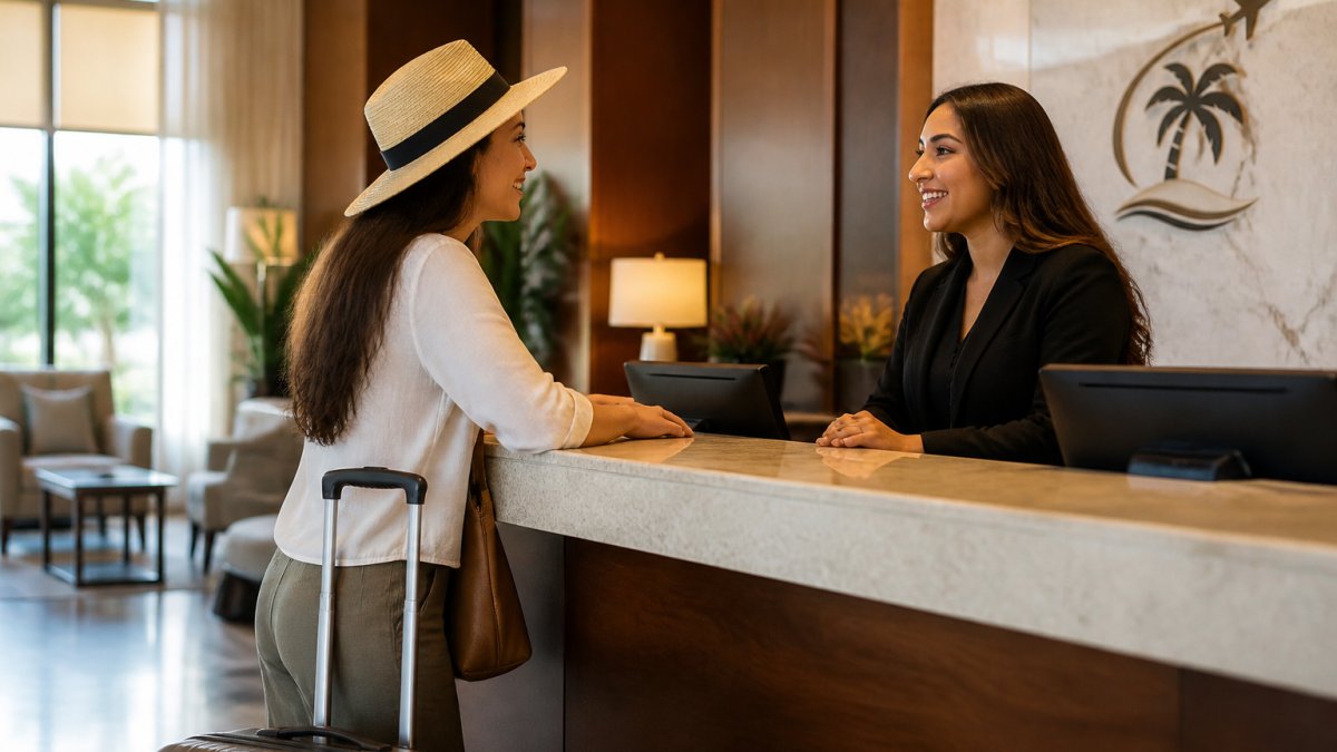 Smiling traveler chatting with a friendly front-desk clerk about a potential hotel room upgrade at check-in.