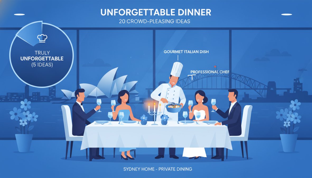 An elegant private dining setup in a Sydney home with a professional chef in whites carefully plating a gourmet Italian dish at the table, guests seated in formal attire with crystal wine glasses raised, soft candlelight reflecting off fine tableware and fresh floral arrangements creating a restaurant-quality atmosphere