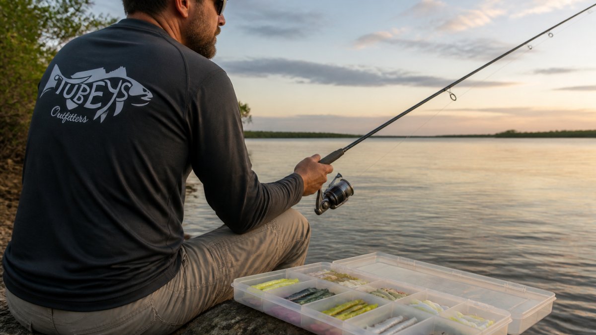 Angler holding a spinning rod and reel setup at the water's edge of a Texas lake, with soft plastic lures and jig heads visible in a tackle box