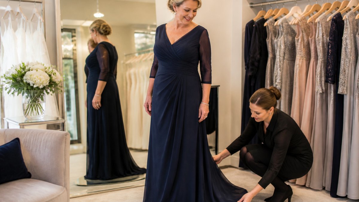 Elegant woman in her fifties trying on a formal floor-length gown in a bright, welcoming bridal boutique, with a fitting assistant adjusting the hem