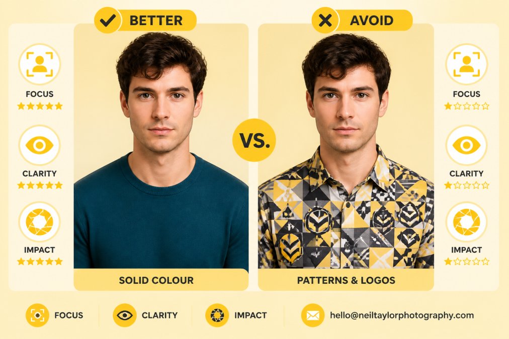 Side-by-side comparison: actor in solid deep teal professional crew neck versus actor in busy geometric pattern and logo-covered shirt, showing stark difference in visual clarity and focus for camera