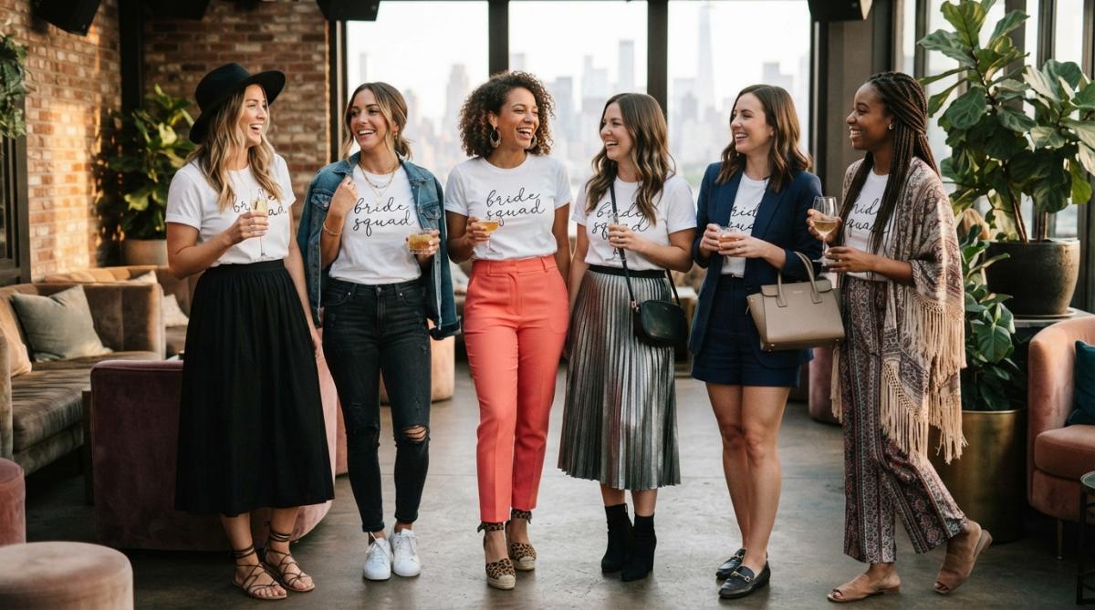 Group of women in coordinated custom bachelorette party shirts styled individually with varied accessories and footwear at an upscale venue, showing how the same custom top works across different personal aesthetics