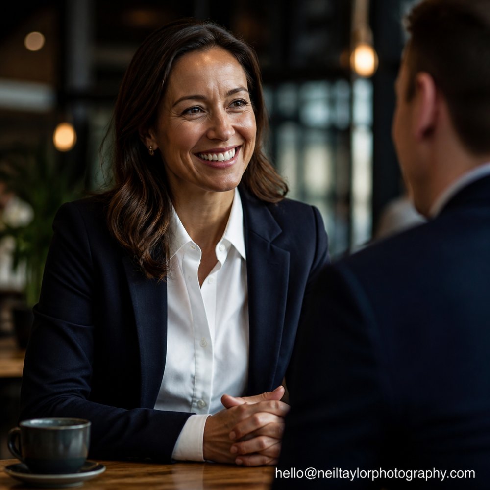Professional woman in well-fitted navy blazer and crisp white shirt, photographed against neutral studio background with soft, flattering lighting