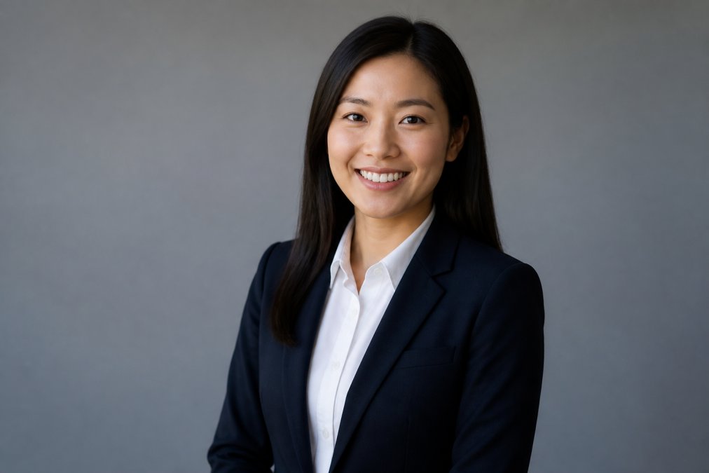 Professional in tailored navy blazer and pressed white dress shirt positioned for corporate headshot with neutral background and studio lighting