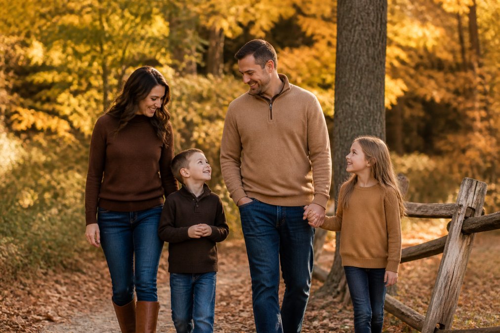 A family of four wearing coordinated earth-tone outfits (chocolate brown, camel, and denim) standing together outdoors in autumn setting with natural fall foliage in background, showing relaxed posture and genuine connection