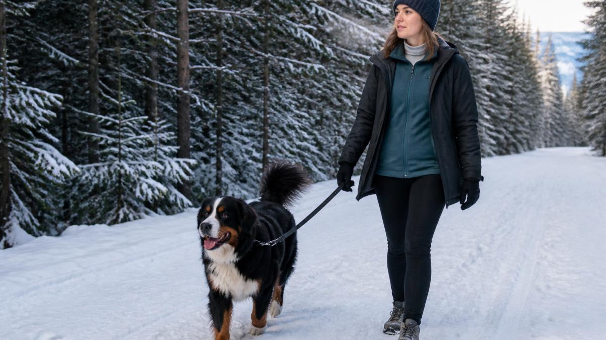Woman in a layered winter outfit walking a large dog on a snowy trail while breath is visible in the cold air.