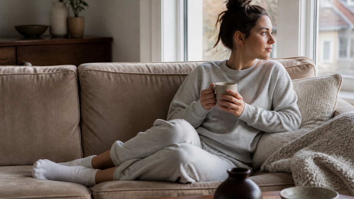 A person relaxing on a couch in a cozy living room, wearing a soft crewneck sweatshirt and loose joggers, holding a warm mug with natural light coming through the window