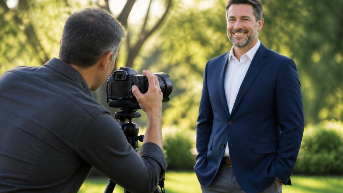 A professional photographer adjusting a camera on a tripod outdoors, with a business professional in a navy blazer standing in soft afternoon light against a blurred green background
