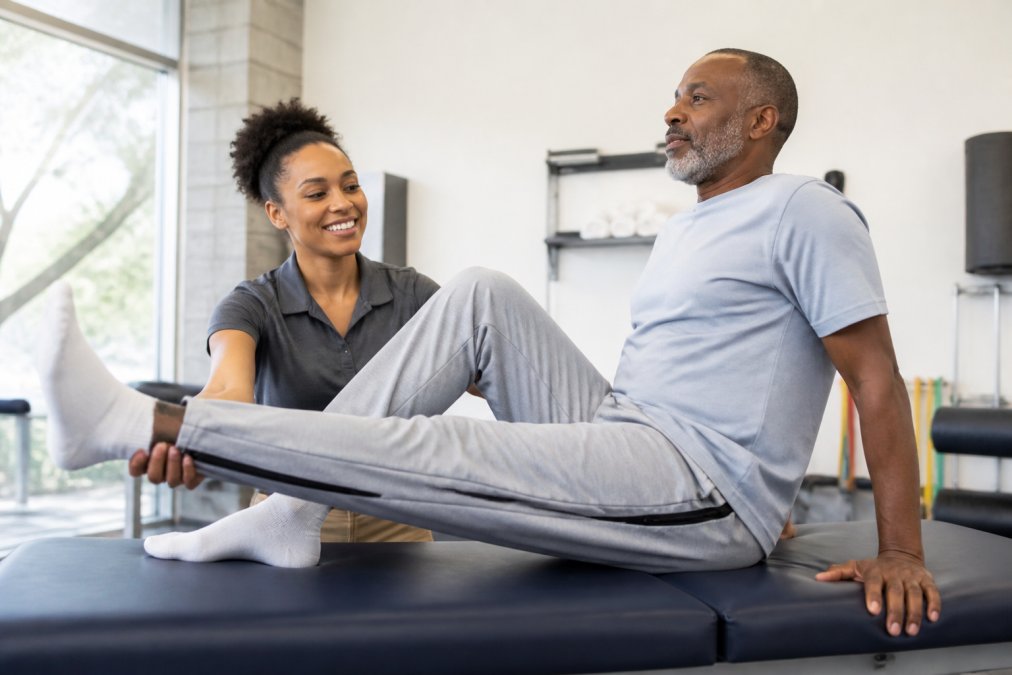 Person wearing loose-fitting athletic wear with elastic waistband and side-zip features, demonstrating ease of movement during a physical therapy session in a bright clinical setting