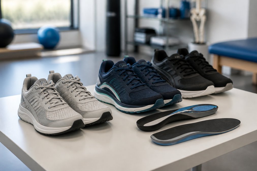 Supportive sneakers and comfortable athletic shoes displayed on a clean surface, showing proper footwear choices for rehabilitation with clear visibility of cushioning and arch support