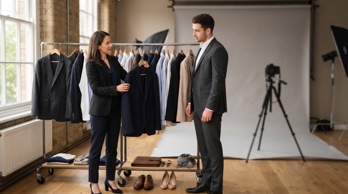 Professional man and woman wearing well-fitted corporate attire in solid colours with proper necklines and structured blazers, photographed in studio lighting with neutral backgrounds demonstrating ideal headshot styling