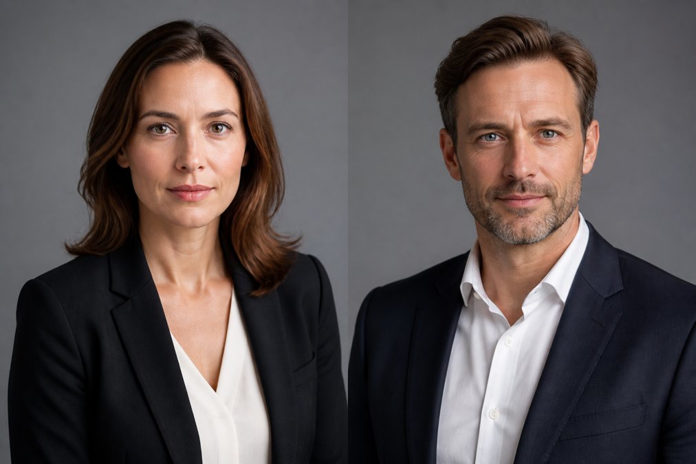 Professional woman and man wearing well-fitted navy and charcoal blazers with tailored fit, photographed from shoulders up against plain studio background, showcasing proper shoulder seam placement and clean silhouettes