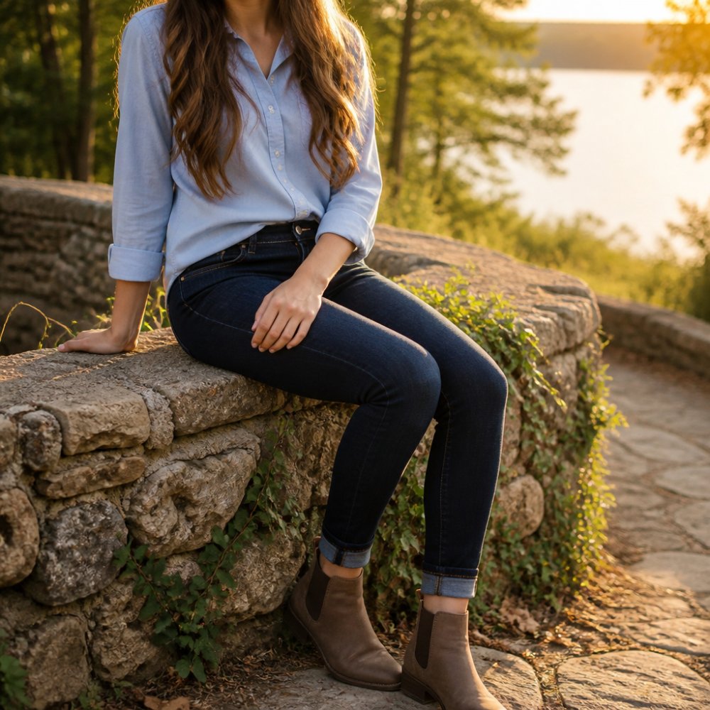 High school senior girl wearing a well-fitted light blue button-down shirt tucked into dark jeans with ankle boots, posed outdoors near natural greenery with soft natural lighting