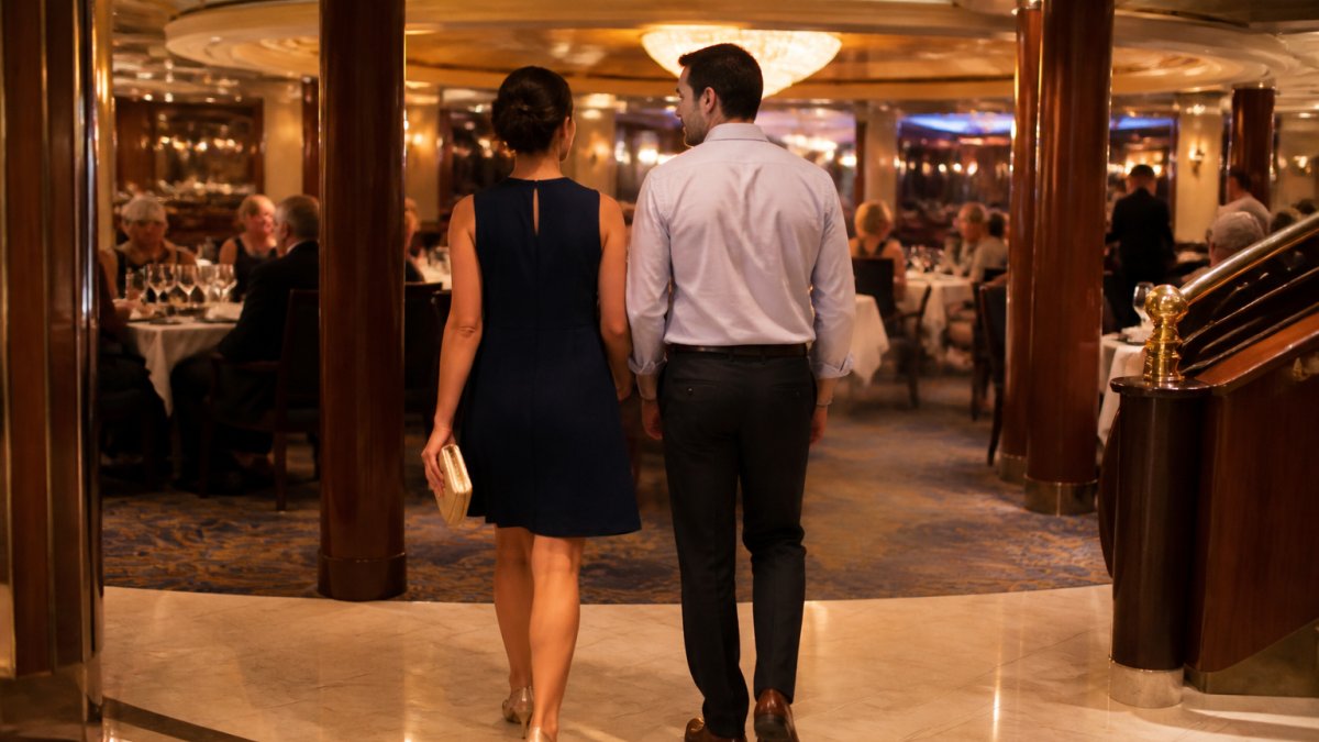 A couple walking into a warmly lit cruise ship main dining room, woman in a knee-length cocktail dress and man in a collared shirt and slacks, other passengers seated at tables in the background