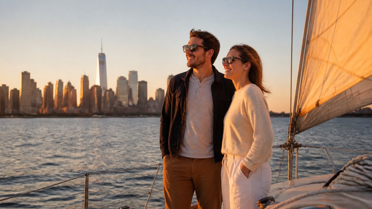 Couple wearing light layers on a sunset sailboat cruise with the city skyline in the background during golden hour