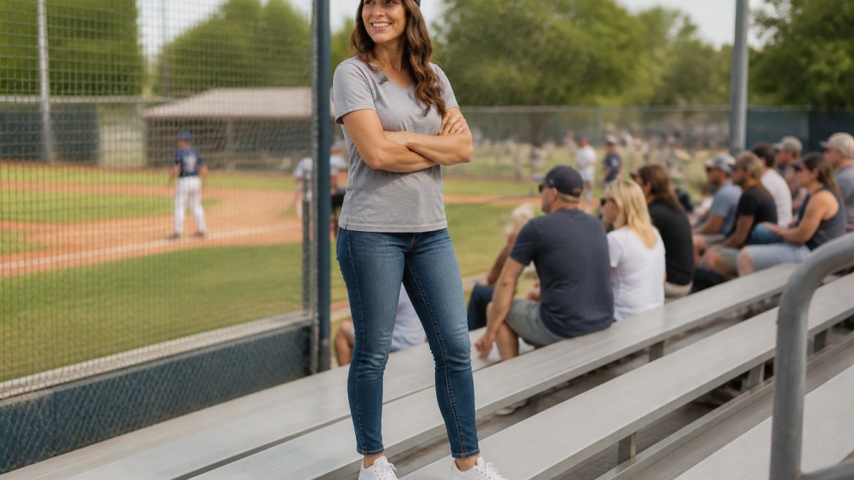 A mom in a graphic tee, fitted jeans, white sneakers, and a baseball cap standing in stadium bleachers with her arms crossed, smiling confidently while watching the game