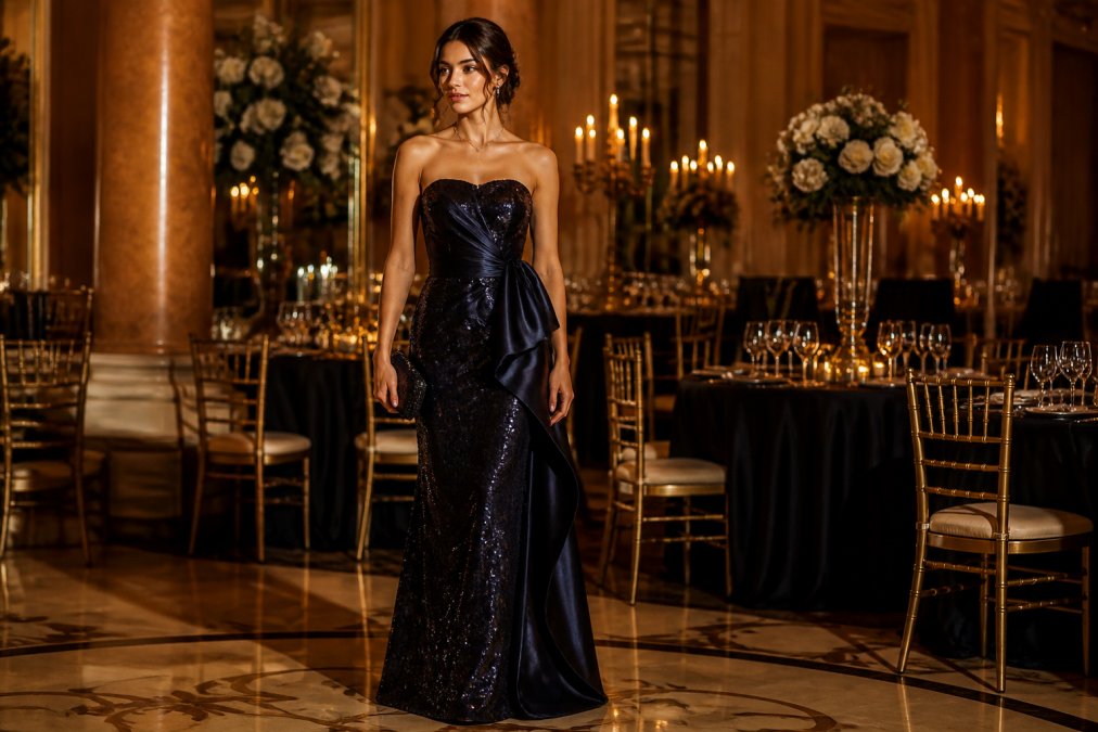 Woman wearing an elegant floor-length sequined evening gown with satin details and dramatic draping, standing in formal ballroom lighting with candlelit ambiance