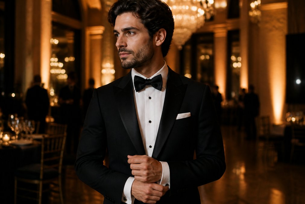 Man wearing a formal dinner suit with peaked satin lapels, white dress shirt, black bow tie, and cufflinks, photographed from waist up in professional ballroom lighting