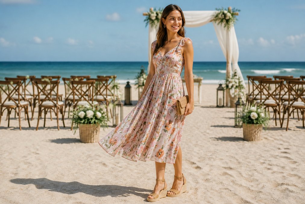A woman in a flowing floral midi dress and elegant wedges standing on a sandy beach, with a decorated outdoor wedding ceremony setup in the background under a clear sky