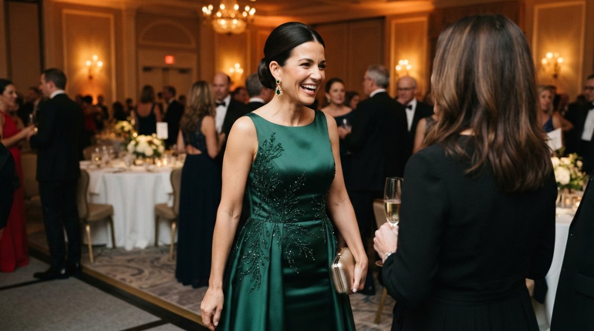 Woman wearing an elegant floor-length evening gown in deep emerald satin with delicate beading, styled with a sleek updo, statement drop earrings, and a structured evening clutch, posed in soft warm lighting at a formal venue
