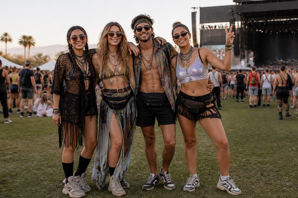 A group of friends in boho-chic and rave-inspired festival outfits standing on a grassy festival lawn at golden hour, wearing layered jewelry, fringe, and comfortable fashion sneakers, with a crowd and stage in the background