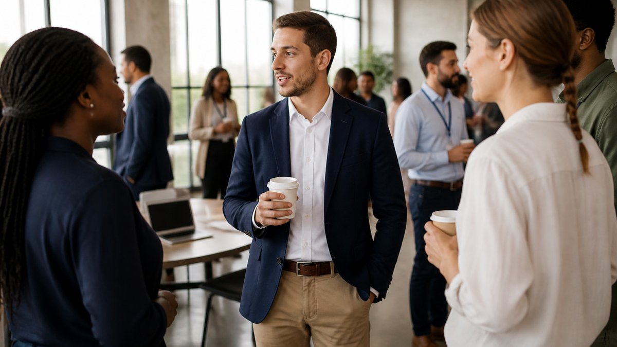 A startup founder in a well-fitted blazer and chinos talking with a small group at a modern networking event, holding a coffee cup, with laptops and name tags visible in the background