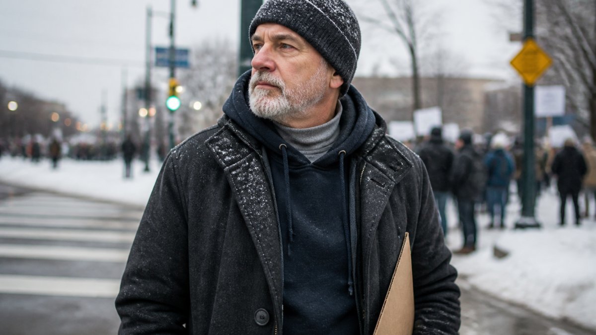 A person in their 50s standing outdoors in cold weather wearing a layered outfit: a merino base layer visible at the collar, a midweight hoodie, and a warm coat, with a sign tucked under one arm. Snowy urban street background, natural light.